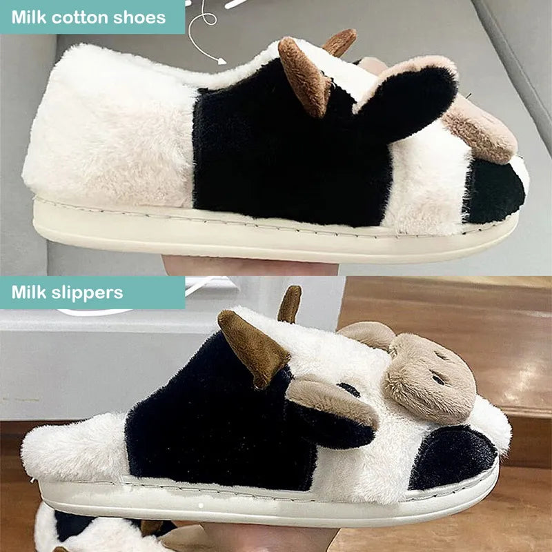 Kawaii Milk-Cow Fluffy Fur Slippers